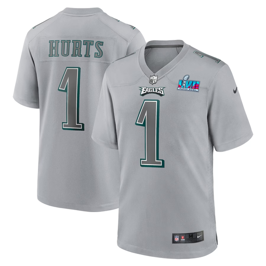 Men's Philadelphia Eagles Jalen Hurts #1 Gray Super Bowl LVII Patch Atmosphere Fashion Game Jersey