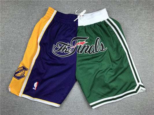 Men's Los Angeles Lakers/Boston Celtics Purple/Green Splicing Basketball Shorts