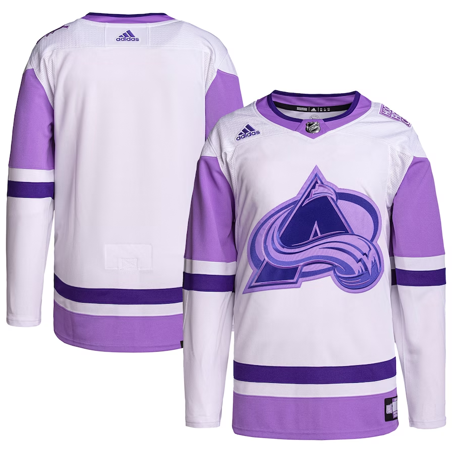 Men's Colorado Avalanche White/Purple Hockey Fights Cancer Primegreen Authentic Blank Practice Jersey