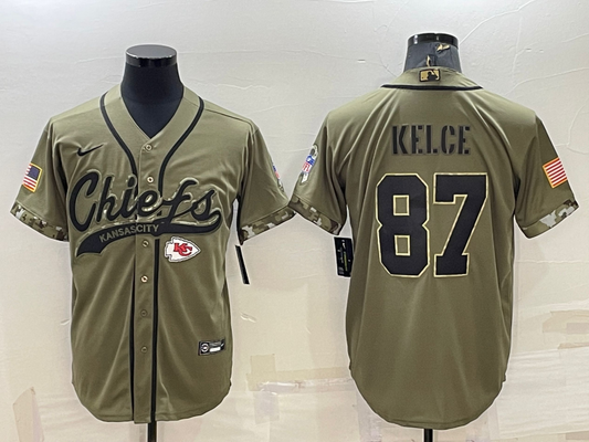 Men's Kansas City Chiefs Travis Kelce #87 Olive 2022 Salute To Service Limited Jersey Joint Edition