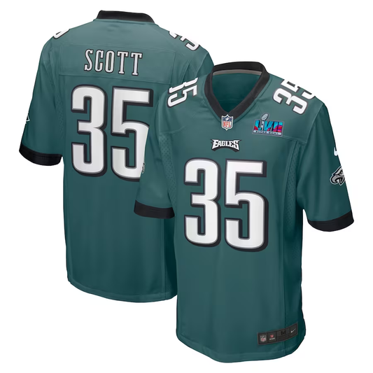 Men's Philadelphia Eagles Boston Scott #35 Midnight Green Super Bowl LVII Patch Game Jersey