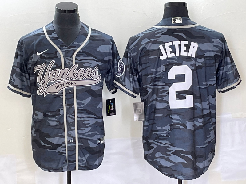 Men's New York Yankees Derek Jeter #2 Grey Camouflage Player Jersey Joint Edition