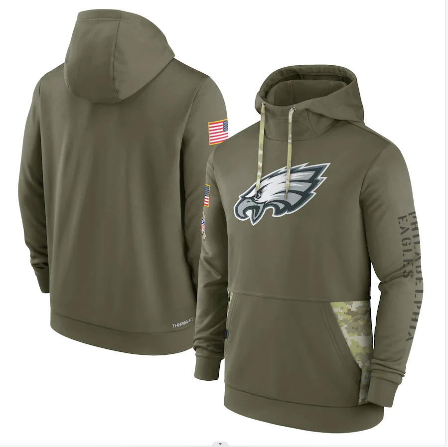 Men's Philadelphia Eagles Olive 2022 Salute to Service Therma Performance Pullover Hoodie