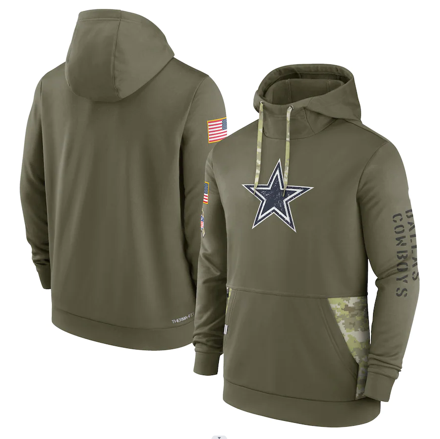 Men's Dallas Cowboys Olive 2022 Salute to Service Therma Performance Pullover Hoodie