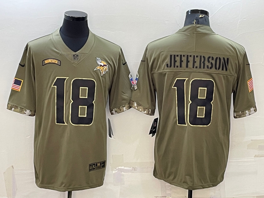 Men's Minnesota Vikings Justin Jefferson #18 Olive 2022 Salute To Service Limited Jersey