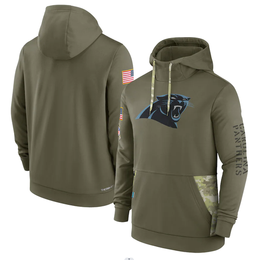 Men's Carolina Panthers Olive 2022 Salute to Service Therma Performance Pullover Hoodie