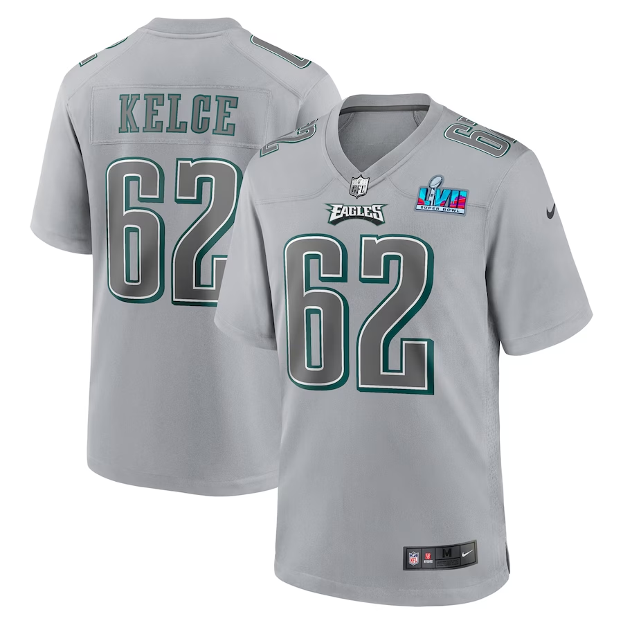 Men's Philadelphia Eagles Jason Kelce #62 Gray Super Bowl LVII Patch Atmosphere Fashion Game Jersey