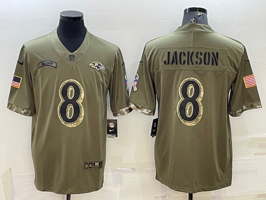 Men's Baltimore Ravens Lamar Jackson #8 Olive 2022 Salute To Service Limited Jersey