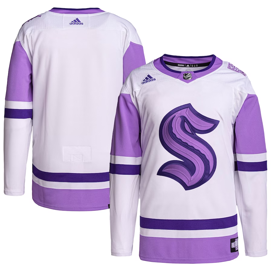 Men's Seattle Kraken White/Purple Hockey Fights Cancer Primegreen Authentic Blank Practice Jersey