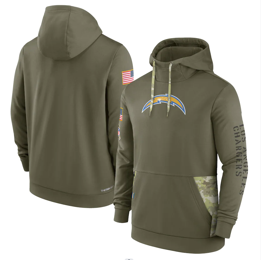 Men's Los Angeles Chargers Olive 2022 Salute to Service Therma Performance Pullover Hoodie