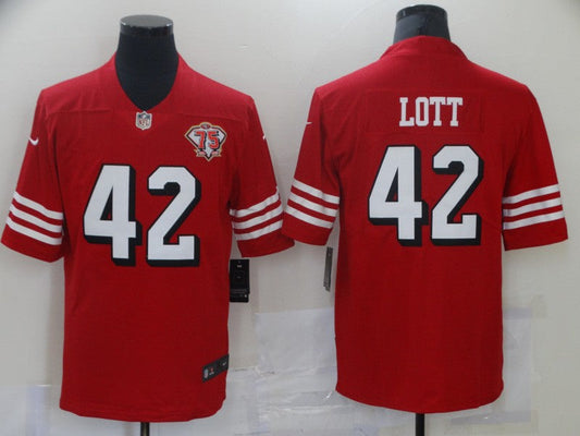 Men's San Francisco 49ers Ronnie Lott #42 Red 75th Anniversary Game Jersey