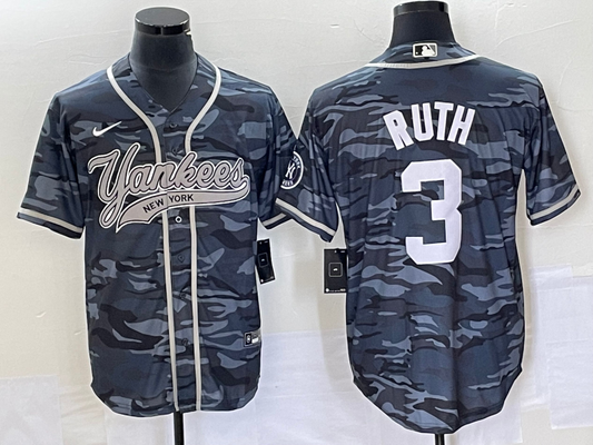 Men's New York Yankees Babe Ruth #3 Grey Camouflage Player Jersey Joint Edition