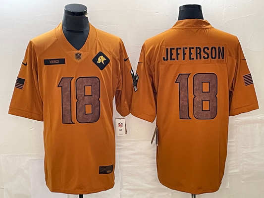 Men's Minnesota Vikings Justin Jefferson #18 Brown 2023 Salute To Service Limited Jersey