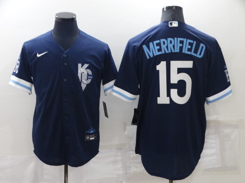 Men's Kansas City Royals Whit Merrifield #15 Navy Replica Baseball Jersey