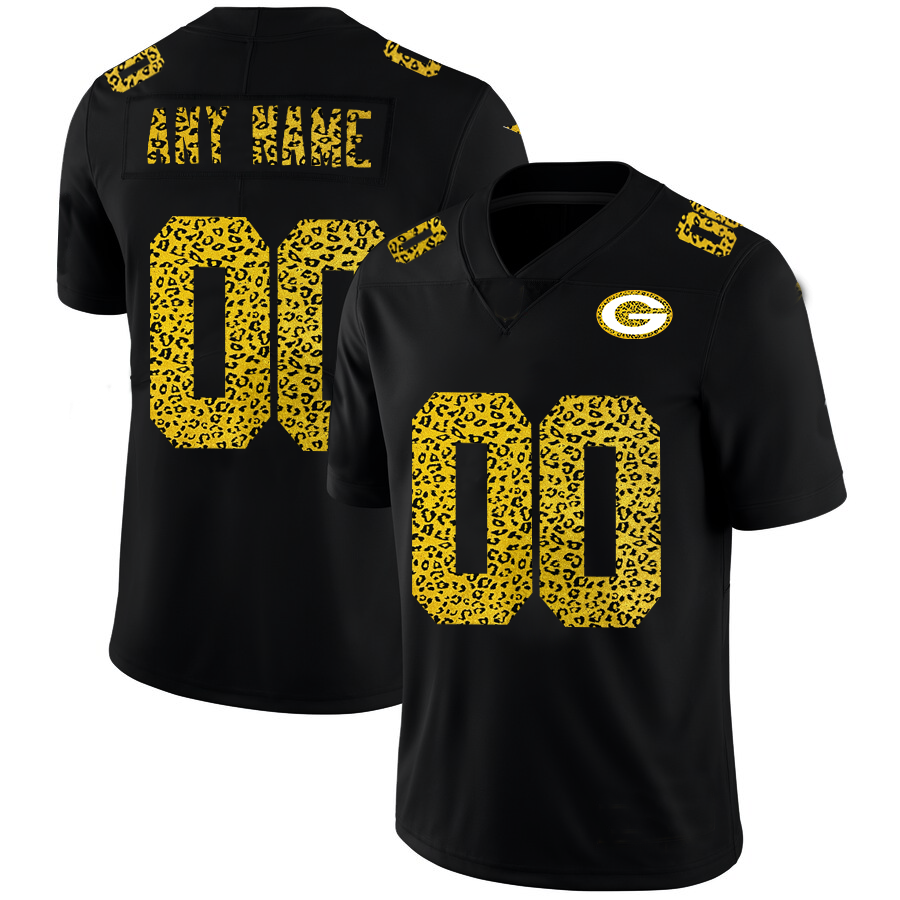 Custom Green Bay Packers Men's Leopard Print Fashion Vapor Limited Jersey Black Stitched Football Jerseys