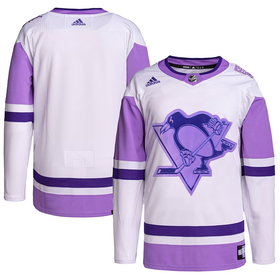 Men's Pittsburgh Penguins White/Purple Hockey Fights Cancer Primegreen Authentic Blank Practice Jersey