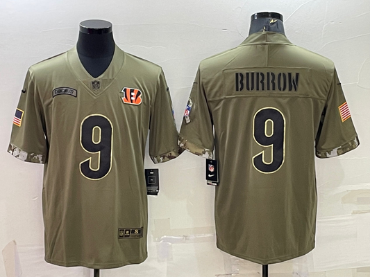 Men's Cincinnati Bengals Joe Burrow #9 Olive 2022 Salute To Service Limited Jersey