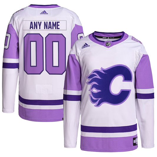 Men's Calgary Flames White/Purple Hockey Fights Cancer Primegreen Authentic Custom Jersey