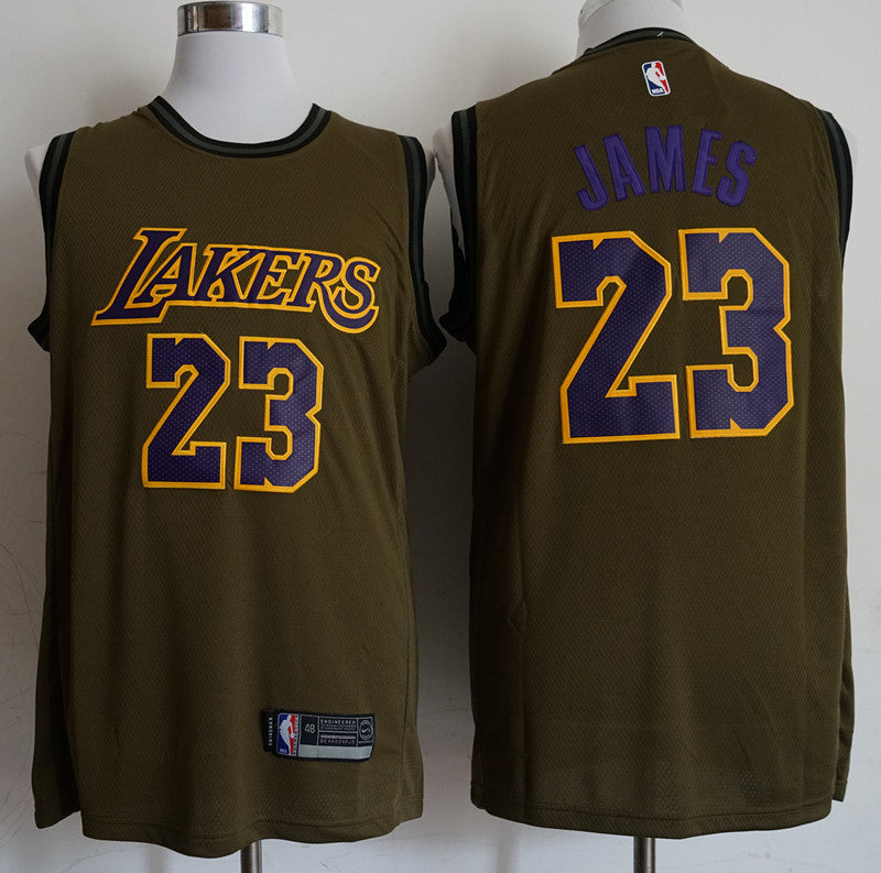 Men's Los Angeles Lakers LeBron James #23 NBA Army Green Swingman Jersey