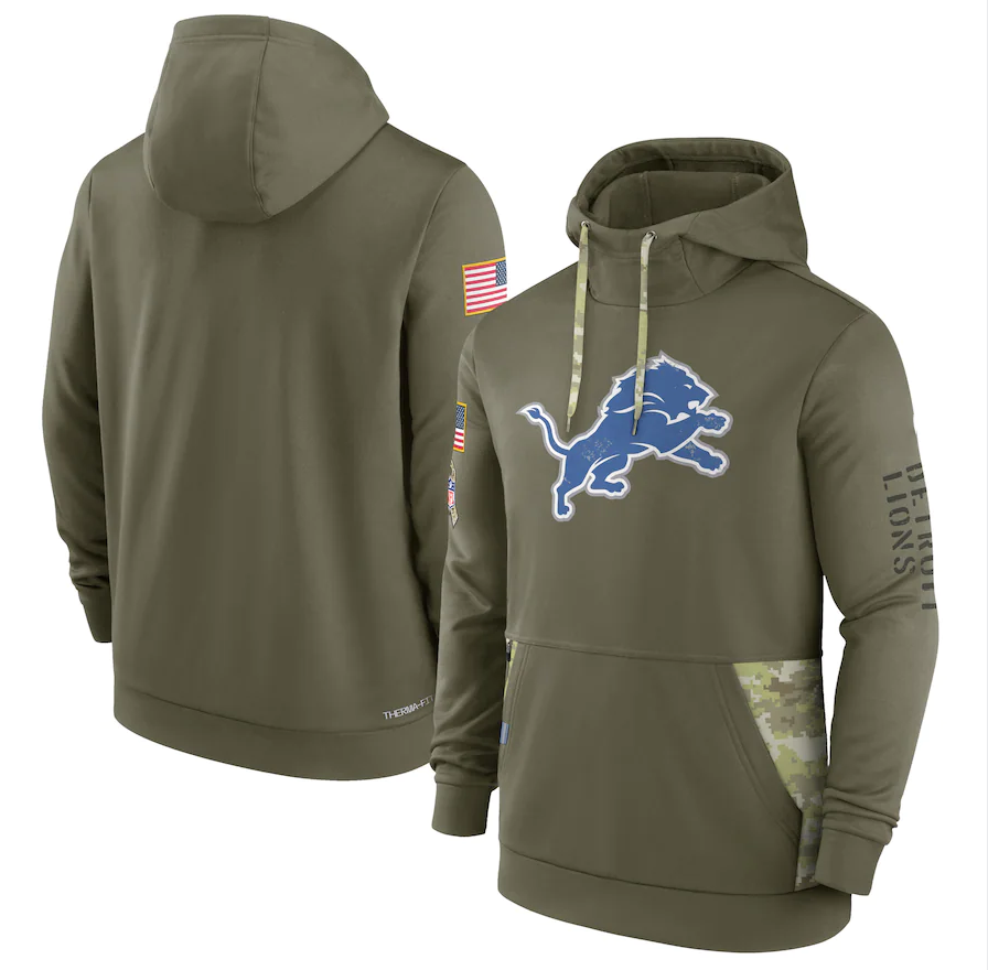 Men's Detroit Lions Olive 2022 Salute to Service Therma Performance Pullover Hoodie