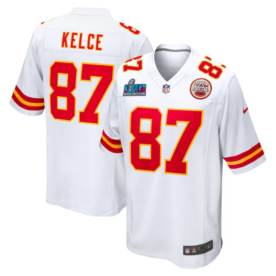 Men's Kansas City Chiefs Travis Kelce #87 White Super Bowl LVII Patch Away Game Jersey