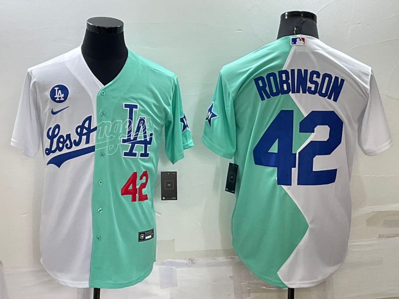 Men's Los Angeles Dodgers Jackie Robinson #42 White/Green Stitched Jersey