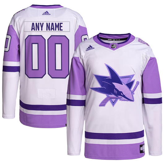 Men's San Jose Sharks White/Purple Hockey Fights Cancer Primegreen Authentic Custom Jersey