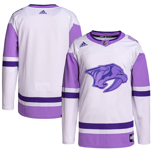 Men's Nashville Predators White/Purple Hockey Fights Cancer Primegreen Authentic Blank Practice Jersey