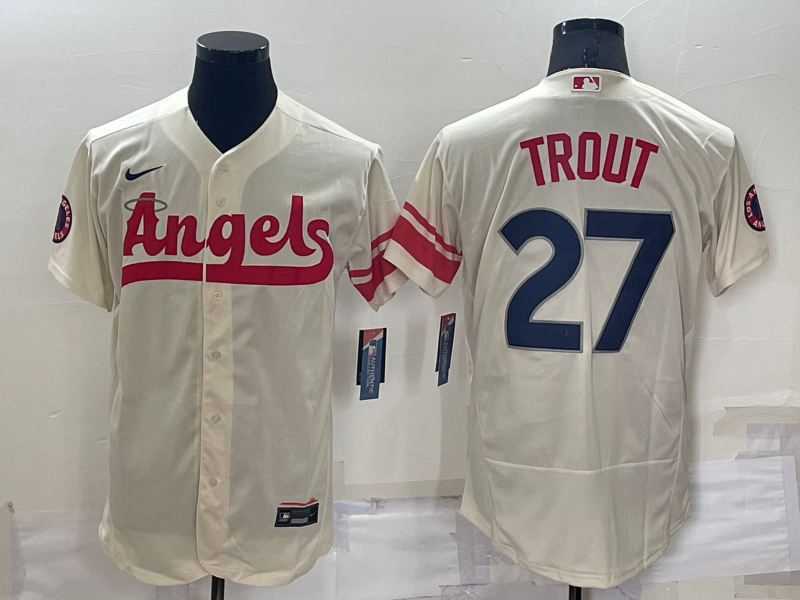 Men's Los Angeles Angels Mike Trout #27 Beige Stitched Jersey