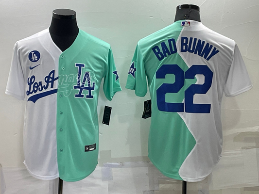 Men's Los Angeles Dodgers Bad Bunny #22 White/Green Replica Baseball Jersey