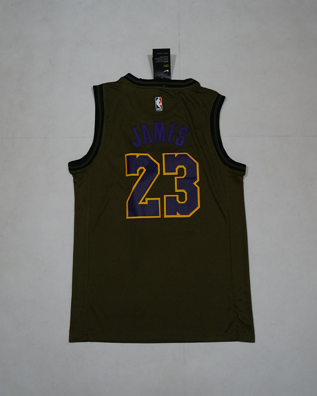 Men's Los Angeles Lakers LeBron James #23 NBA Army Green Swingman Jersey