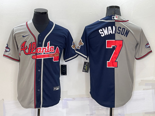 Men's Atlanta Braves Dansby Swanson #7 Navy/Gray Stitched Jersey