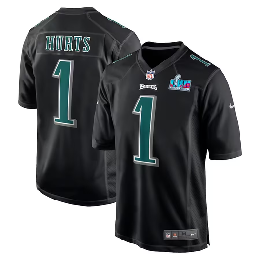 Men's Philadelphia Eagles Jalen Hurts #1 Black Super Bowl LVII Patch Fashion Game Jersey