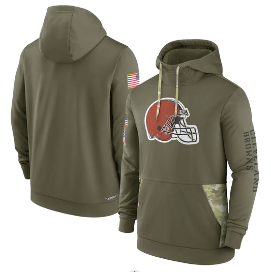 Men's Cleveland Browns Olive 2022 Salute to Service Therma Performance Pullover Hoodie