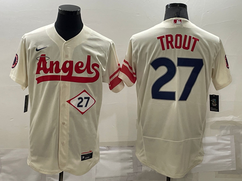 Men's Los Angeles Angels Mike Trout #27 Beige Fashion Stitched Jersey