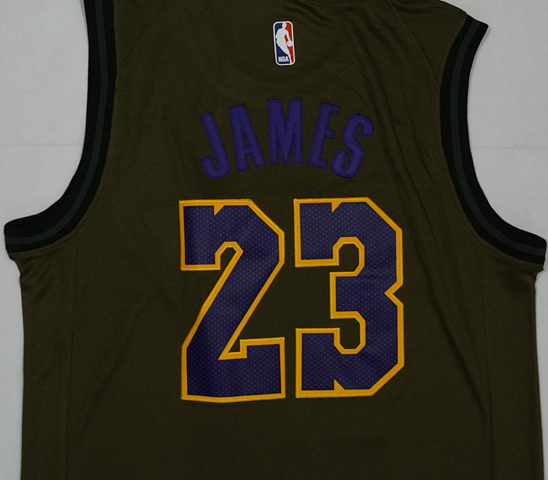 Men's Los Angeles Lakers LeBron James #23 NBA Army Green Swingman Jersey