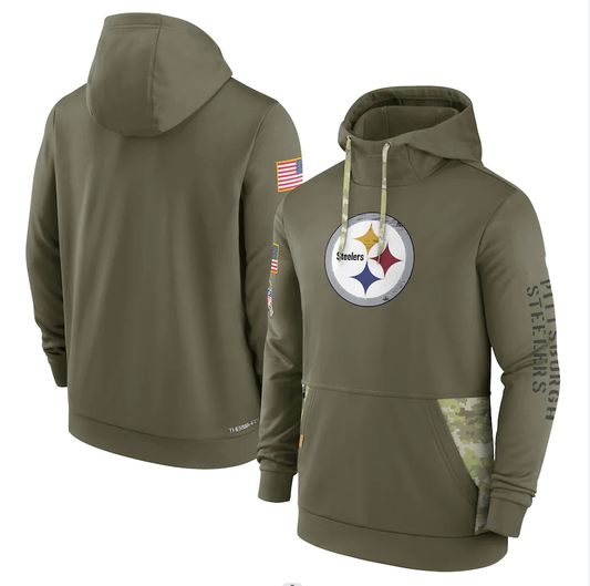 Men's Pittsburgh Steelers Olive 2022 Salute to Service Therma Performance Pullover Hoodie