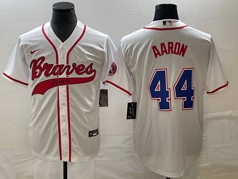 Men's Atlanta Braves Hank Aaron #44 White Replica Player Jersey Joint Edition