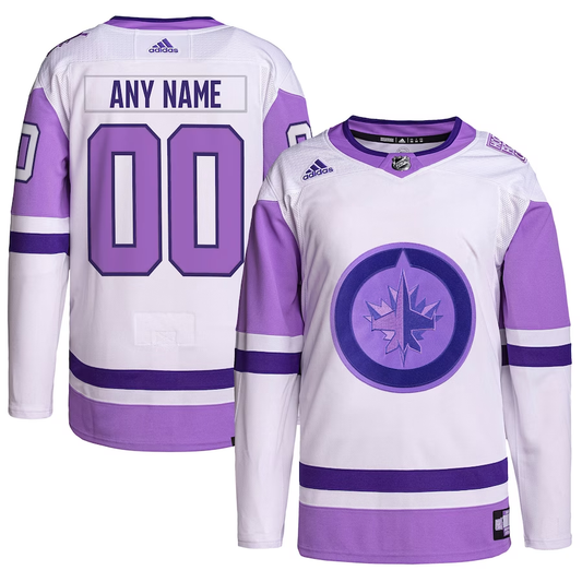 Men's Winnipeg Jets White/Purple Hockey Fights Cancer Primegreen Authentic Custom Jersey