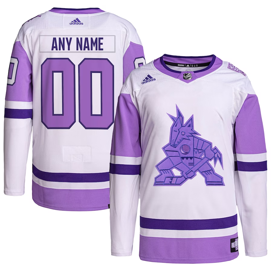 Men's Arizona Coyotes White/Purple Hockey Fights Cancer Primegreen Authentic Custom Jersey