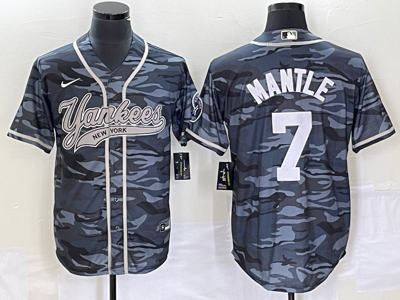 Men's New York Yankees Mickey Mantle #7 Grey Camouflage Player Jersey Joint Edition