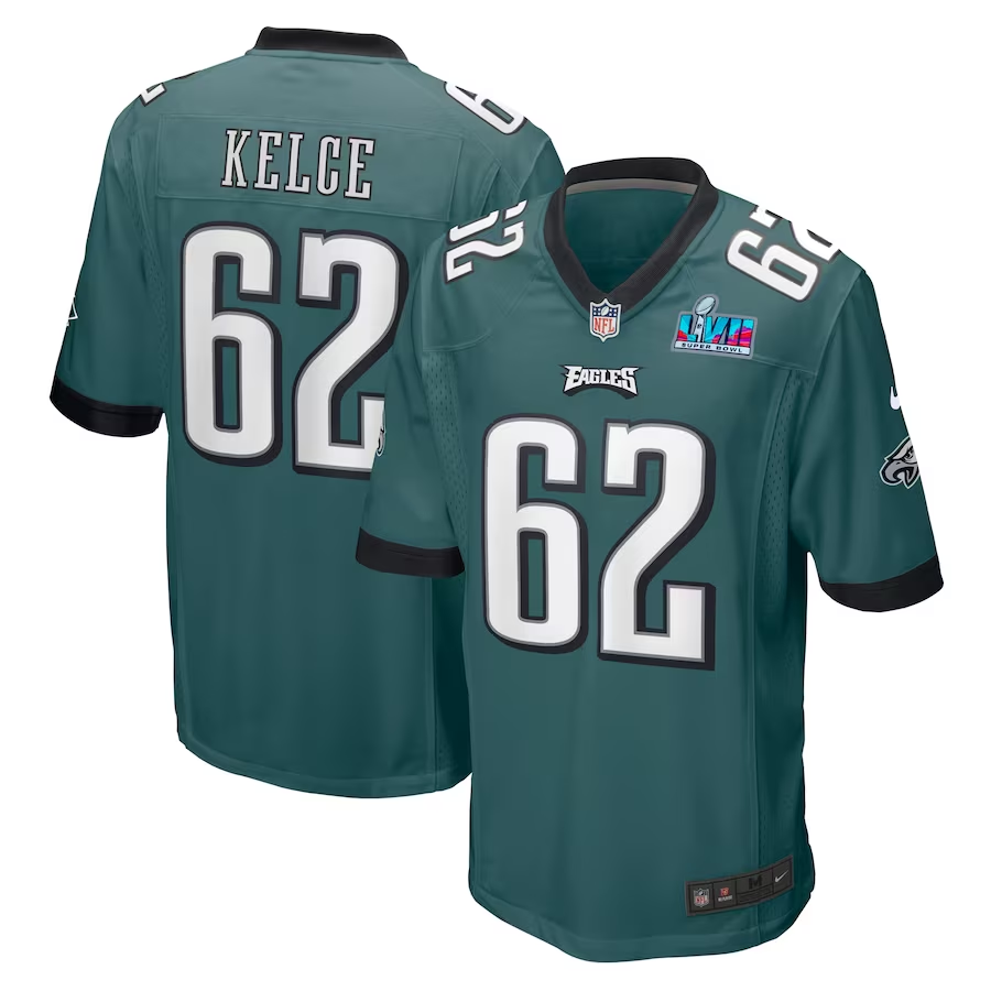 Men's Philadelphia Eagles Jason Kelce #62 Midnight Green Super Bowl LVII Patch Game Jersey