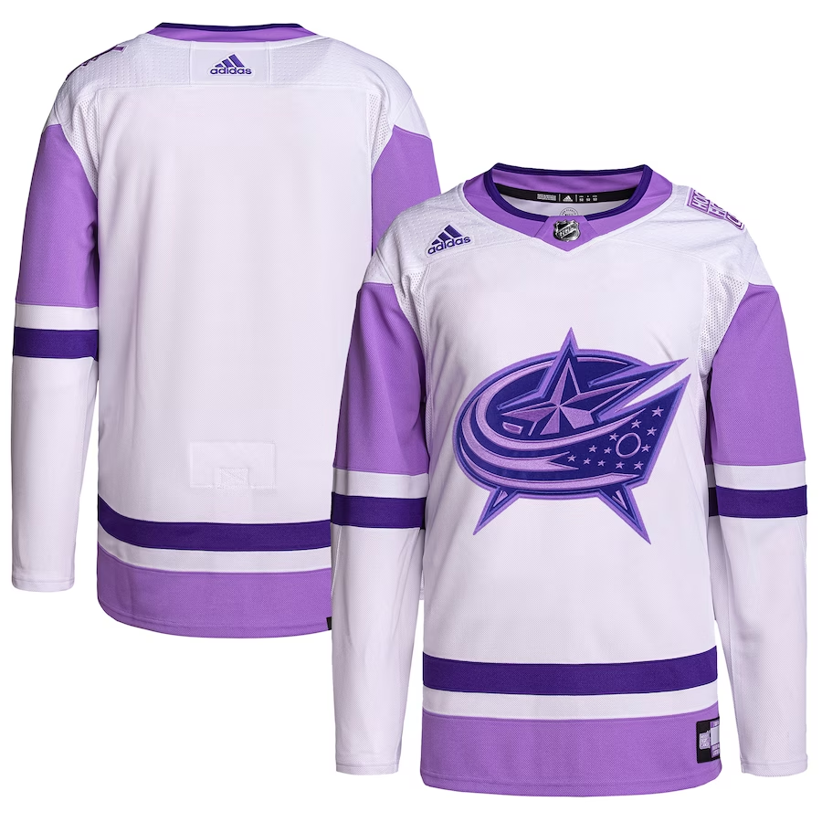 Men's Columbus Blue Jackets White/Purple Hockey Fights Cancer Primegreen Authentic Blank Practice Jersey