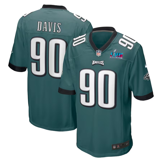 Men's Philadelphia Eagles Jordan Davis #90 Midnight Green Super Bowl LVII Patch Game Jersey